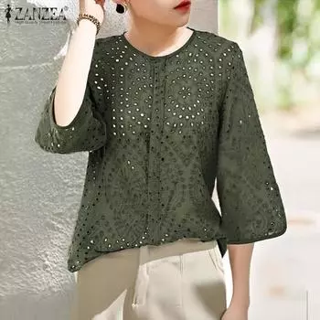 ZANZEA Женская летняя блузка с круглым вырезом и рукавом 3/4 из кружева Crochet в стиле пэчворк S хаки