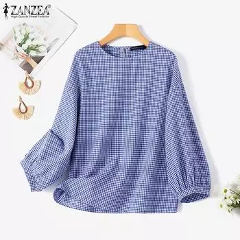 ZANZEA Женская летняя блузка с круглым вырезом и рукавом девять четвертей в клетку с принтом, топы