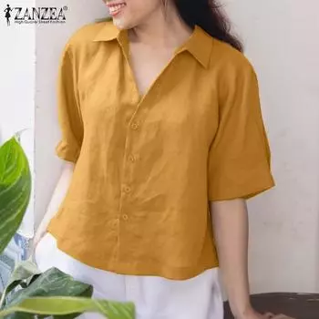 ZANZEA Женская летняя блузка с отложным воротником и коротким рукавом S зелёный