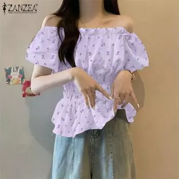 ZANZEA Женская летняя блузка с пышными рукавами и короткими рукавами и цветочным принтом, плиссированная талия