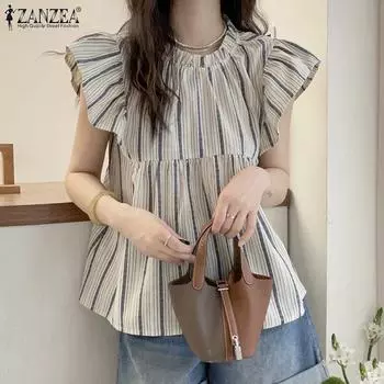 ZANZEA Женская летняя блузка свободного кроя с круглым вырезом и коротким рукавом в полоску S чёрный