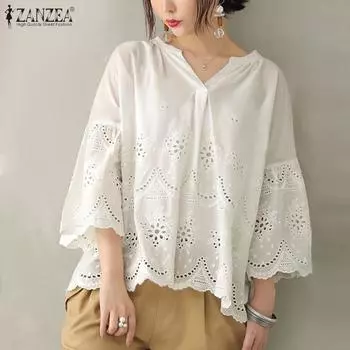 ZANZEA женская летняя блузка свободного кроя с рукавом 3/4 из кружева 4XL хаки