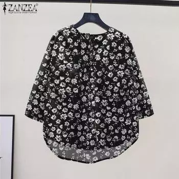 ZANZEA Женская летняя блузка свободного кроя с круглым вырезом и рукавом 3/4 S чёрный