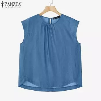 ZANZEA Женская летняя блузка свободного покроя с круглым вырезом и коротким рукавом S синий