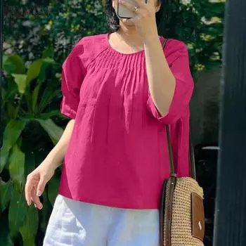 ZANZEA Женская летняя блузка свободного покроя с круглым вырезом и коротким рукавом S зелёный