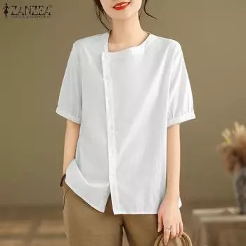 ZANZEA Женская летняя блузка свободного покроя с круглым вырезом и коротким рукавом S белый