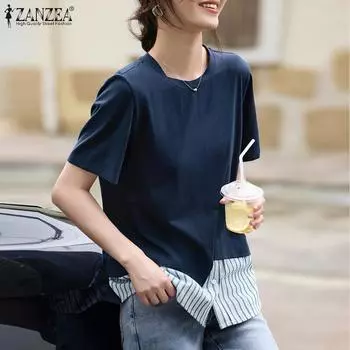 ZANZEA Женская летняя футболка с круглым вырезом и коротким рукавом в полоску M темно-синий