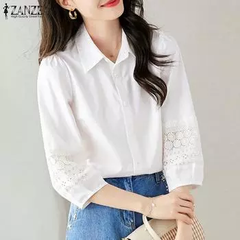 ZANZEA Женская летняя кружевная блузка с рукавом 3/4 с отложным воротником и рубашками