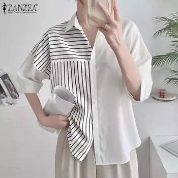 ZANZEA Женская летняя лоскутная блузка с отложным воротником и рукавами 3/4 в полоску