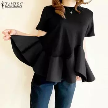 ZANZEA Женская летняя модная блузка с круглым вырезом и коротким рукавом с оборками и подолом, топы