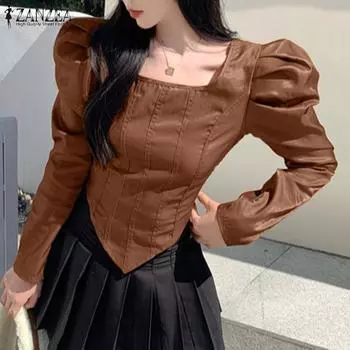 ZANZEA женская летняя модная блузка с квадратным вырезом и пышными рукавами, однотонная блузка с талией