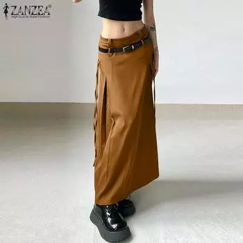 ZANZEA женская летняя модная плиссированная однотонная свободная юбка трапециевидной формы с заниженной талией 4XL чёрный