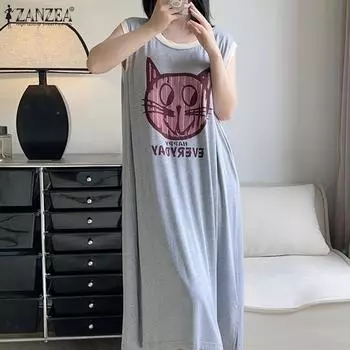 ZANZEA Женская летняя ночная рубашка с круглым вырезом без рукавов с принтом M белый