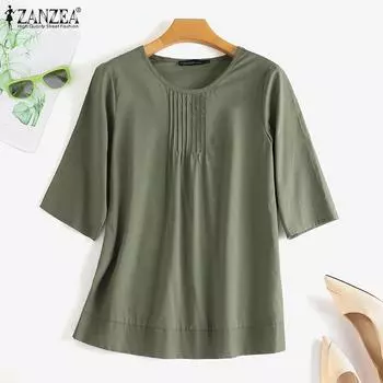ZANZEA Женская летняя однотонная хлопковая блузка с круглым вырезом и рукавами 3/4, топы