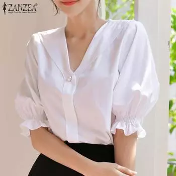 ZANZEA Женская летняя однотонная повседневная блузка с v-образным вырезом и короткими рукавами