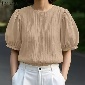 ZANZEA Женская летняя однотонная повседневная блузка с круглым вырезом и коротким рукавом S тёмно-синий