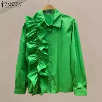 ZANZEA женская летняя однотонная рубашка с длинным рукавом и оборками S синий