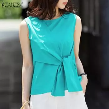 ZANZEA женская летняя однотонная свободная блузка без рукавов с круглым вырезом и завязками 4XL белый