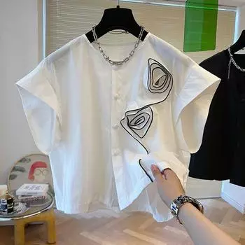 ZANZEA женская летняя однотонная свободная блузка с круглым вырезом и короткими рукавами, трехмерный цветочный декор на пуговицах белый