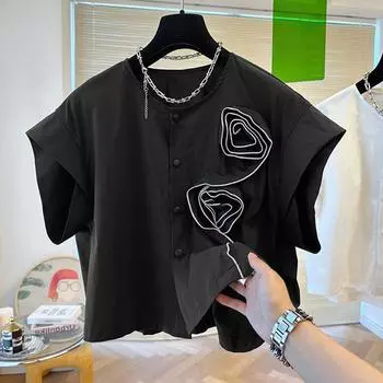 ZANZEA женская летняя однотонная свободная блузка с круглым вырезом и короткими рукавами, трехмерный цветочный декор на пуговицах 4XL чёрный