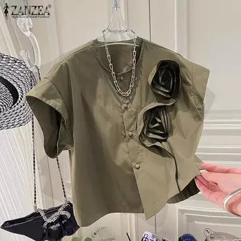 ZANZEA женская летняя однотонная свободная блузка с круглым вырезом и короткими рукавами, трехмерный цветочный декор на пуговицах