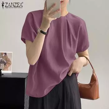 ZANZEA женская летняя плиссированная однотонная свободная блузка с круглым вырезом и короткими рукавами 5XL хаки