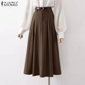 ZANZEA женская летняя плиссированная однотонная свободная юбка трапециевидной формы с высокой талией 4XL хаки