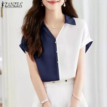 ZANZEA Женская летняя повседневная атласная блузка с короткими рукавами и v-образным вырезом