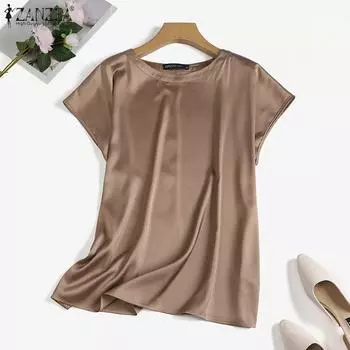 ZANZEA Женская летняя повседневная атласная блузка с коротким рукавом и круглым вырезом 4XL темно-синий