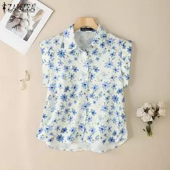 ZANZEA Женская летняя повседневная блузка без рукавов с цветочным принтом S синий
