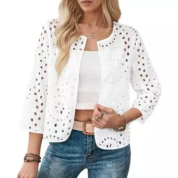 ZANZEA Женская летняя повседневная блузка-накидка с полым кружевом с вышивкой, рукав 3/4 S белый