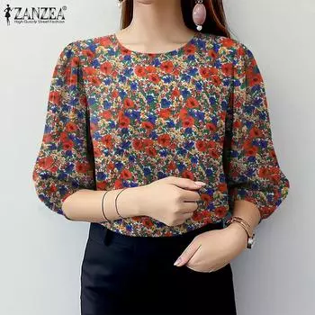 ZANZEA Женская летняя повседневная блузка с цветочным принтом и круглым вырезом, рукав 3/4 S чёрный