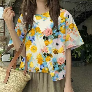 ZANZEA Женская летняя повседневная блузка с цветочным принтом и коротким рукавом S фиолетовый