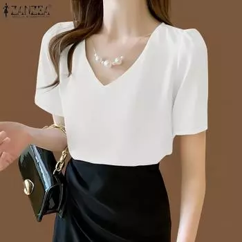 ZANZEA Женская летняя повседневная блузка с коротким рукавом и V-образным вырезом 2XL розовый