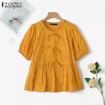 ZANZEA Женская летняя повседневная блузка с коротким рукавом и вышивкой крючком S белый