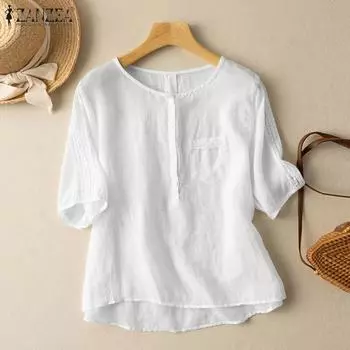 ZANZEA Женская летняя повседневная блузка с коротким рукавом и круглым вырезом S тёмно-синий