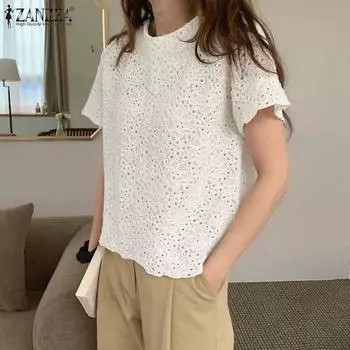 ZANZEA Женская летняя повседневная блузка с круглым вырезом и коротким рукавом с цветочным принтом S темно-синий