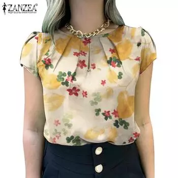 ZANZEA Женская летняя повседневная блузка с круглым вырезом и коротким рукавом с цветочным принтом S жёлтый