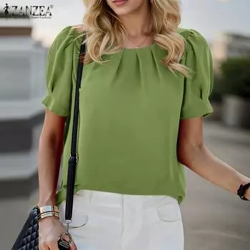 ZANZEA Женская летняя повседневная блузка с круглым вырезом и коротким рукавом S зелёный