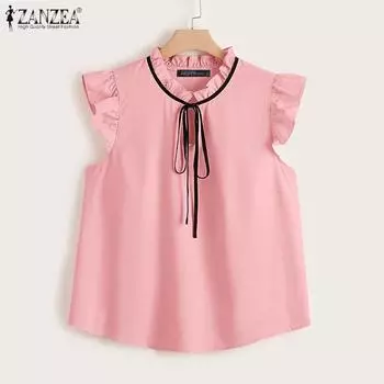 ZANZEA Женская летняя повседневная блузка с круглым вырезом и оборками на рукавах S розовый