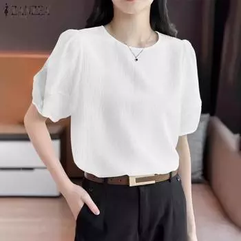 ZANZEA Женская летняя повседневная блузка с круглым вырезом и коротким рукавом S белый
