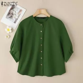 ZANZEA Женская летняя повседневная блузка с круглым вырезом и коротким рукавом S зелёный