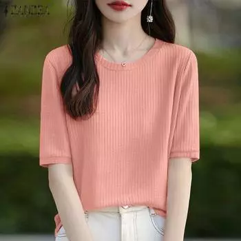 ZANZEA Женская летняя повседневная блузка с круглым вырезом и коротким рукавом S чёрный