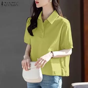 ZANZEA Женская летняя повседневная блузка с отложным воротником и коротким рукавом S розовый