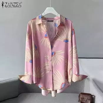 ZANZEA Женская летняя повседневная блузка с отложным воротником и длинными рукавами с принтом