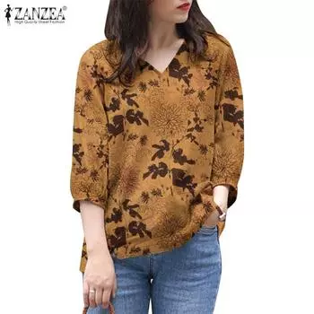 ZANZEA Женская летняя повседневная блузка с рукавом 3/4 и v-образным вырезом в стиле ретро с принтом S белый