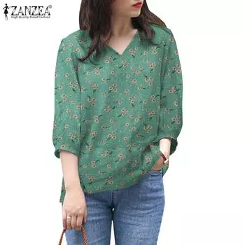 ZANZEA Женская летняя повседневная блузка с v-образным вырезом и рукавами 3/4 с цветочным принтом S синий