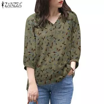 ZANZEA Женская летняя повседневная блузка с v-образным вырезом и коротким рукавом с принтом