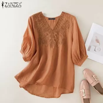 ZANZEA Женская летняя повседневная блузка с v-образным вырезом и коротким рукавом с вышивкой S белый