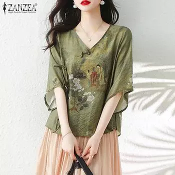 ZANZEA Женская летняя повседневная блузка с v-образным вырезом и половиной рукавов с принтом 3XL зелёный
